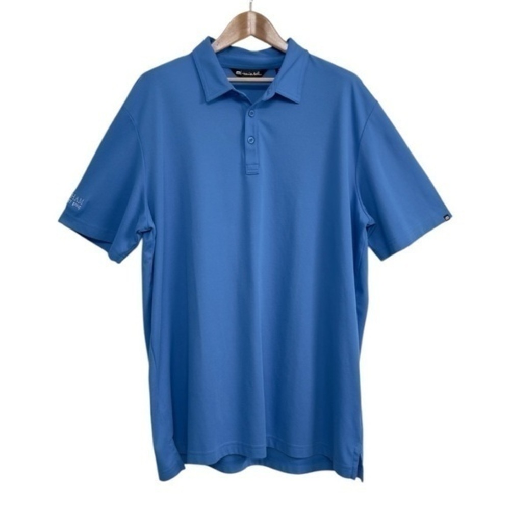 Travis Matthew Blue Golf Shirt Polo With Embroidered Patch On Sleeve Size XXL